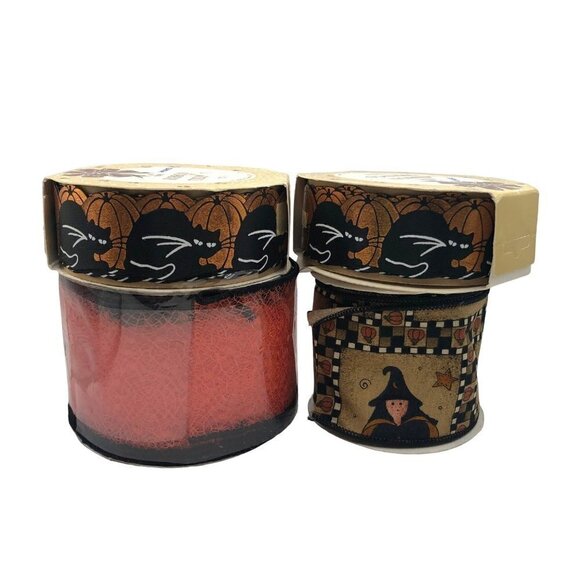 Other - VINTAGE Halloween Crafting Ribbon Lot of 4 Wide Cat Spiderweb Witch Foil  NWT